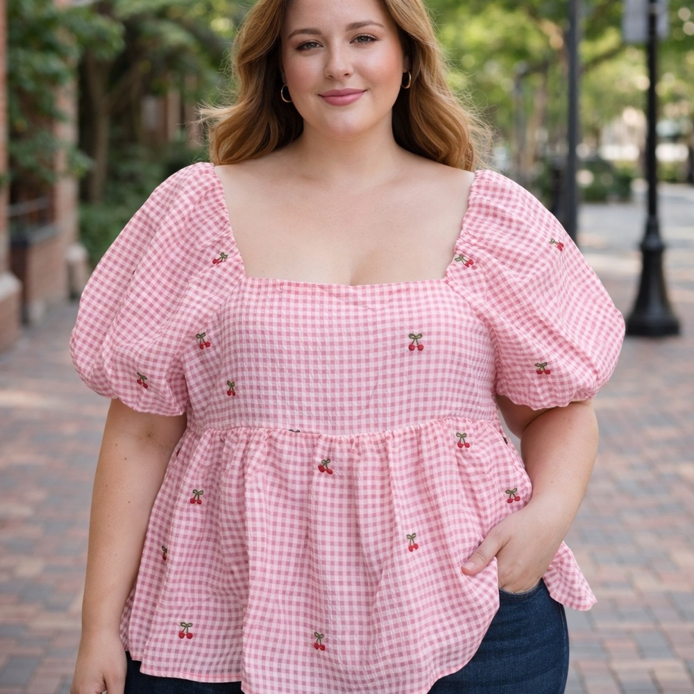 #Boutique Women’s Pink Short Sleeve Smock Cherry Embroidery Blouse Large NWT